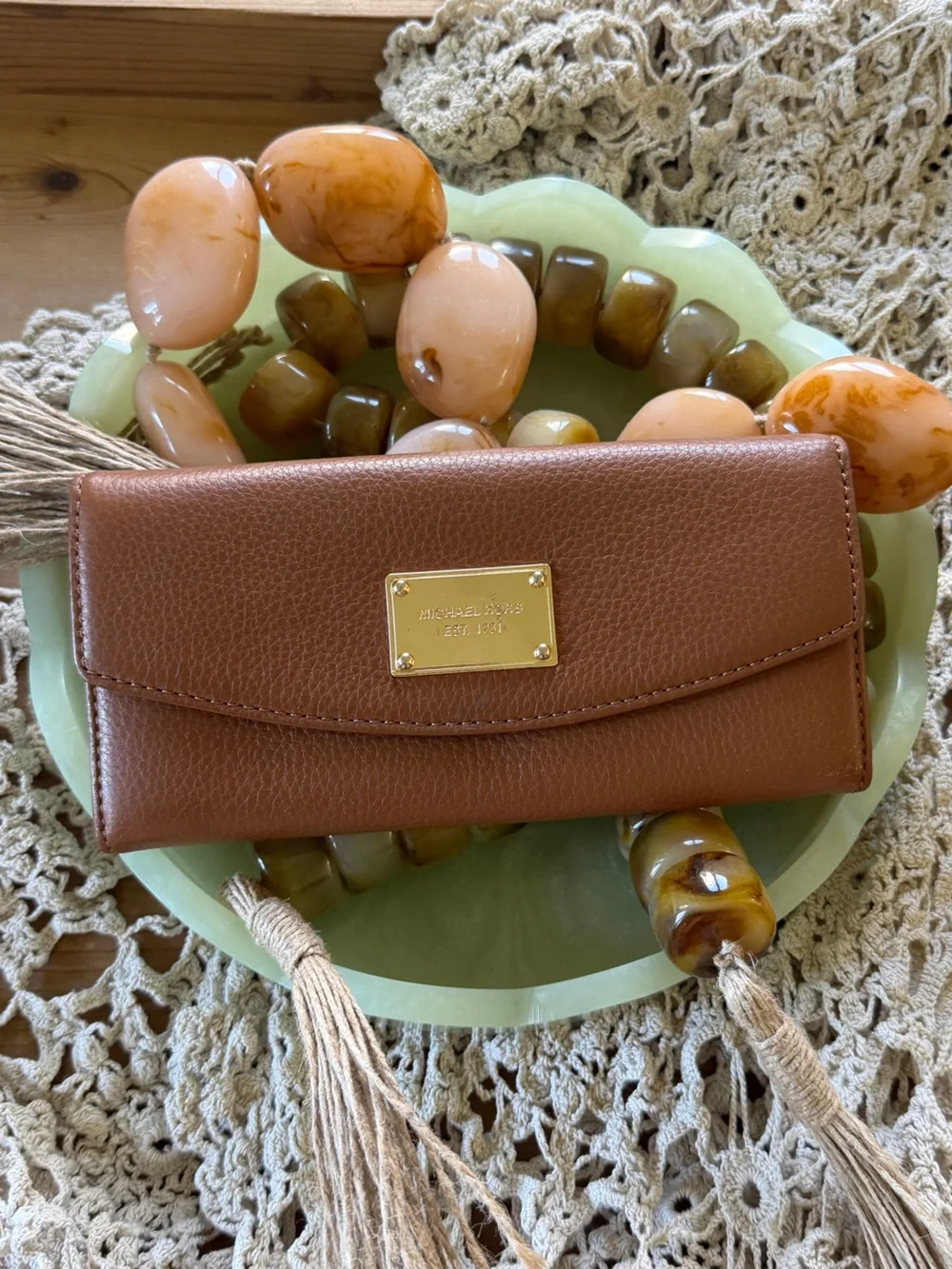 Michael Kors Cognac Pebbled Leather Continental Wallet with Gold Plaque